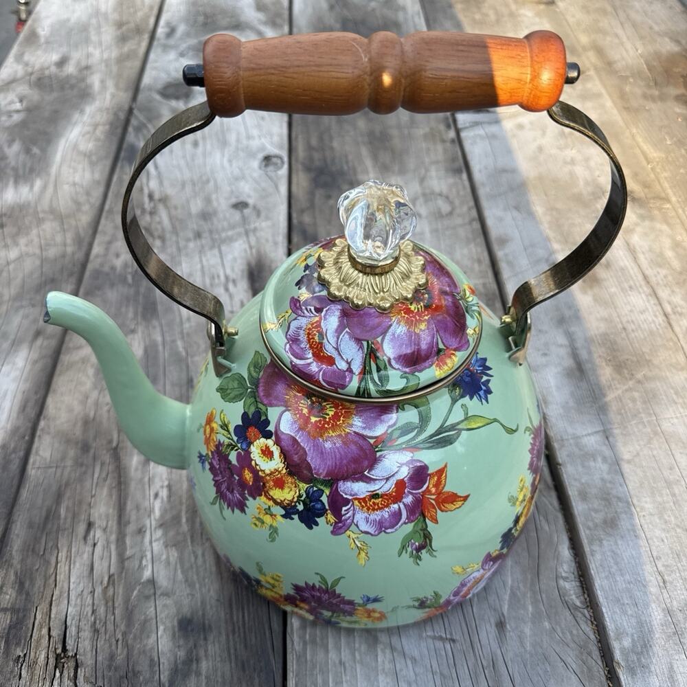 MacKenzie-Childs Green Blue Flower Market Teapot Kettle Large Enamel Metal
